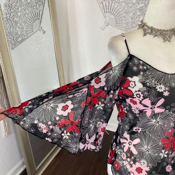 Fairy Whimsygoth Semi Sheer Off The Shoulder Bell Sleeve Floral Flower Top S - Picture 3 of 8